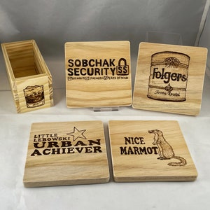 Big Lebowski Inspired Coaster Set of 4 w/ Mini Crate Caddy | Pyrography/Wood Burning Art | Coen Brothers | The Dude, Walter, Donny, Bowling