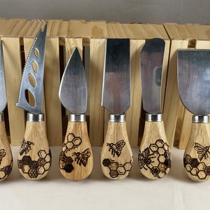 Honeybee Honeycomb Hexagon Wood Burned Cheese Knives Set of 6| Pyrography/Wood Burn Art| Unique Kitchen Decor| Bumblebee Honey Bumble Bee
