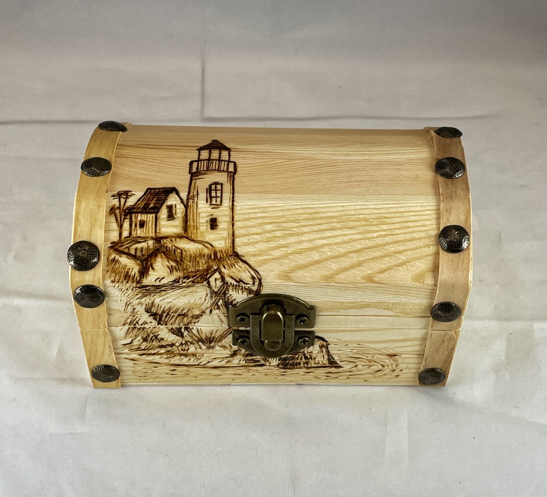 Lighthouse on a Rocky Shoreline Wood Burned Small Chest, Pyrography ...