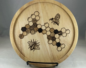 Honeybee Honeycomb Wood Burned Lazy Susan, Pyrography Kitchen Gadget