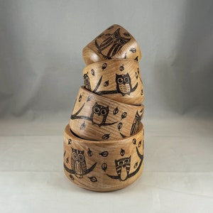 Owls with Blowing Leaves Wood Burned Measuring Cups, Pyrography Wood Burning Art, Unique Kitchen Gift Gadget Tool Accessory, Owl Mandala