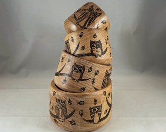 Owls with Blowing Leaves Wood Burned Measuring Cups, Pyrography Wood Burning Art, Unique Kitchen Gift Gadget Tool Accessory, Owl Mandala