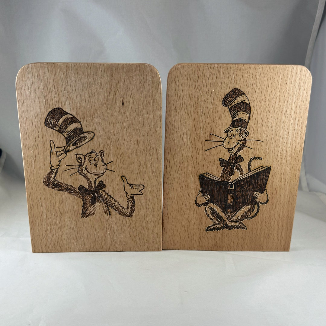 Cat in the Hat Wood Burned Bookends Set of 2 Wood Burn Art/pyrography ...