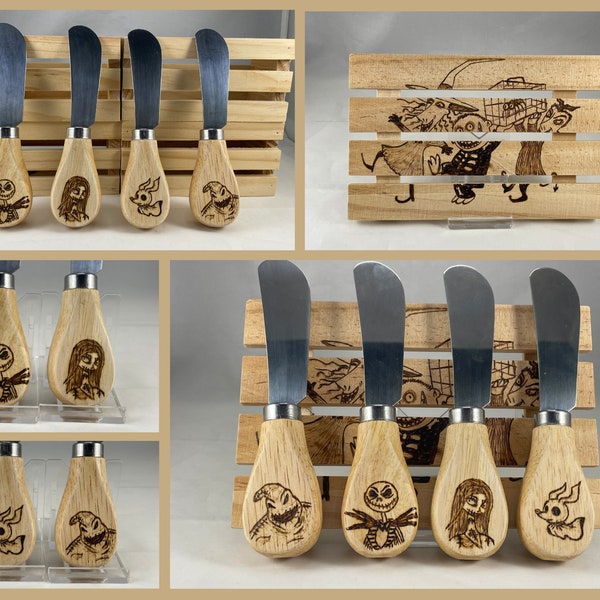 Nightmare Before Christmas Wood Burned Cheese Knives Set of 4 w Mini Pallet Trivet, Pyrography Wood Burning Art, Kitchen Gift Gadget Tool