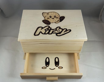 Kirby Wood Burned Jewelry Box, Pyrography Trinket Storage, Mirror Drawer Tray, Nintendo Gamer Gift