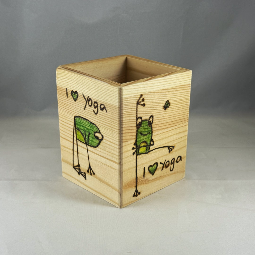 I Love Yoga Frog Wood Burned Holder| Pyrography Desk Home Office | Make ...