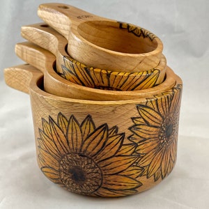Sunflowers Wood Burned Measuring Cups, Pyrography Wood Burning Art, Unique Kitchen Gift Gadget Tool Accessory, Sun Flower Flowers Sunflower