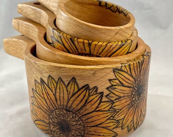 Sunflowers Wood Burned Measuring Cup Set | Pyrography/Wood Burned Art | Unique Kitchen Gadget Gift | Sun Flower Garden Gardener