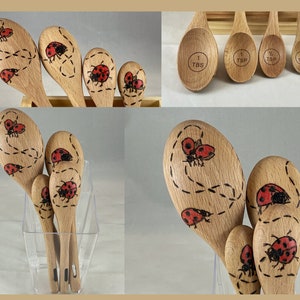 Ladybugs Wood Burned Measuring Spoon Set, Pyrography Wood Burning Art, Unique Kitchen Gift Gadget Tool Utensil Accessory, Lady Bug Bugs