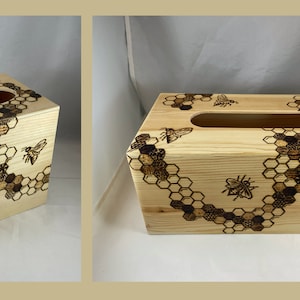 Honeybee Honeycomb Hexagons Wood Burned Tissue Box Holder, Wood Burning Art Pyrography, Home Decor, Bumblebee Honey Bumble Bee Bees