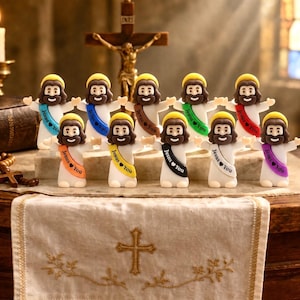 Mini Jesus figures with halo and sash “Jesus Love You”, spiritual gifts