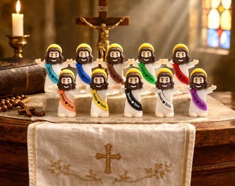 Mini Jesus figures with halo and sash “Jesus Love You”, spiritual gifts