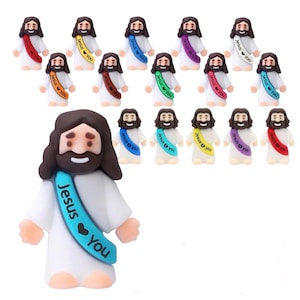 30 Pcs Little Jesus Figures With Sash “Jesus love you”, Mini Jesus Figurine, Mini Rubber Toys, Christian Gift