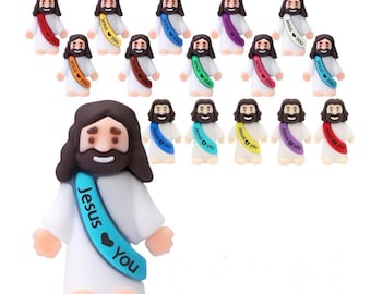 30 Pcs Little Jesus Figures With Sash “Jesus love you”, Mini Jesus Figurine, Mini Rubber Toys, Christian Gift