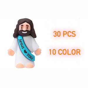 30 Pcs Little Jesus Figures With Sash “Jesus love you”, Mini Jesus Figurine, Mini Rubber Toys, Christian Gift