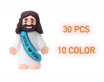 30 Pcs Little Jesus Figures With Sash “Jesus love you”, Mini Jesus Figurine, Mini Rubber Toys, Christian Gift