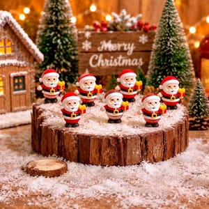 May include: A set of seven miniature Santa Claus figurines, each wearing a red suit with a black belt and holding a yellow gift box, arranged on a circular wooden log slice covered in artificial snow, surrounded by festive holiday decor.