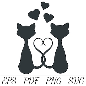 2 Chats avec des coeurs, queues de coeur de chats, silhouette de chats, coeurs de chats, phénix, queues de chat, chats et coeurs