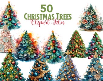 50 Christmas Tree Clipart png files, Watercolour Trees, Png pine trees, digital download