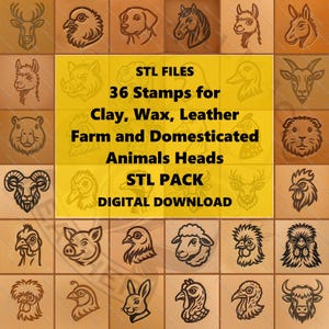 Könnte beinhalten: Ein digitaler Download von 36 Tierkopfstempeln für Ton, Wachs und Leder. Die Stempel zeigen detaillierte Illustrationen von Bauernhof- und Haustieren. Der Text auf dem Bild lautet "STL FILES", "36 Stempel für Ton, Wachs, Leder Bauernhof- und Haustierköpfe STL PACK DIGITALER DOWNLOAD".