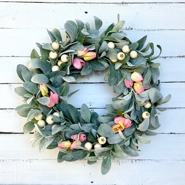 Spring Lambs Ear Wreath with Tulips and Cream Berries, Pink and Yellow Tulips, Spring Farmhouse Wreath, Greenery Wreath, Front Door Wreath