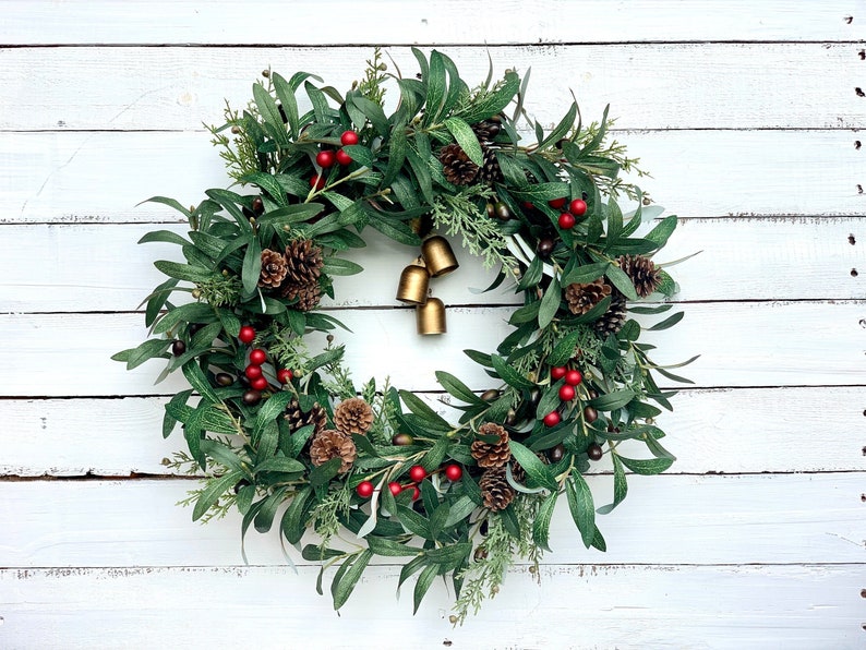 Olive Branch Christmas Wreath With Red Berries Holiday Etsy UK
