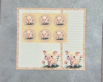 Watercolor Floral Piggy Piglet Stationery Set, Pen Pals, Snail Mail, Letter Writing Paper