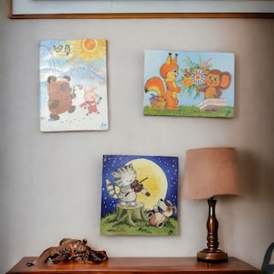 Pintura, pintura, decoración, pintura infantil, hecha a mano, regalo para niños, dibujos animados, Cocodrilo Gena, Cheburashka, pintura al óleo de madera contrachapada