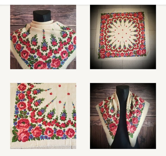 Vintage black Russian floral shawl. Hustka foular… - image 8