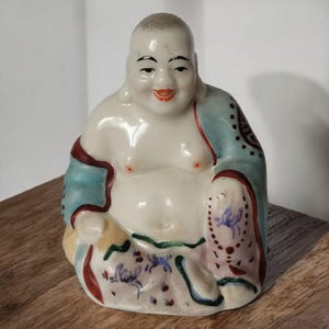 Vintage Mongolia 60s Porcelain Laughing Buddha Figurine Budai Hand-Painted