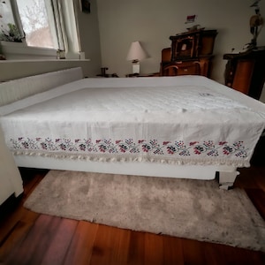 Hand embroidered ukrainian bed sheet valance antique vintage romanian homespun fabric traditional folk wedding cotton antique bed linen