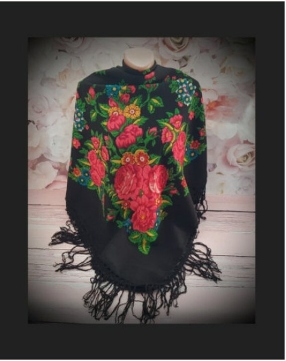 Vintage black Russian floral shawl. Hustka foular… - image 5