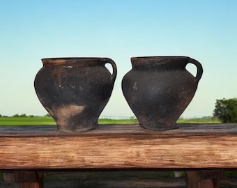 Set of 2 Vintage clay vessel, Antique clay pot, Rustic ceramic bowl, Ceramic jug , Traditional ceramic pitcher, Home decor, Country