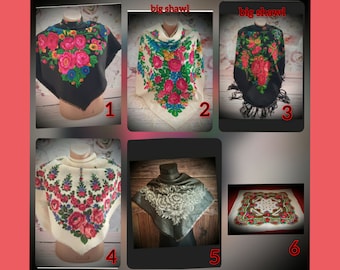 Vintage black Russian floral shawl. Hustka foulard russe platok, Ukrainian scarf. Granny&#39;s scarf Ukraine. Folk Black Scarf Ethnic Boho Shawl
