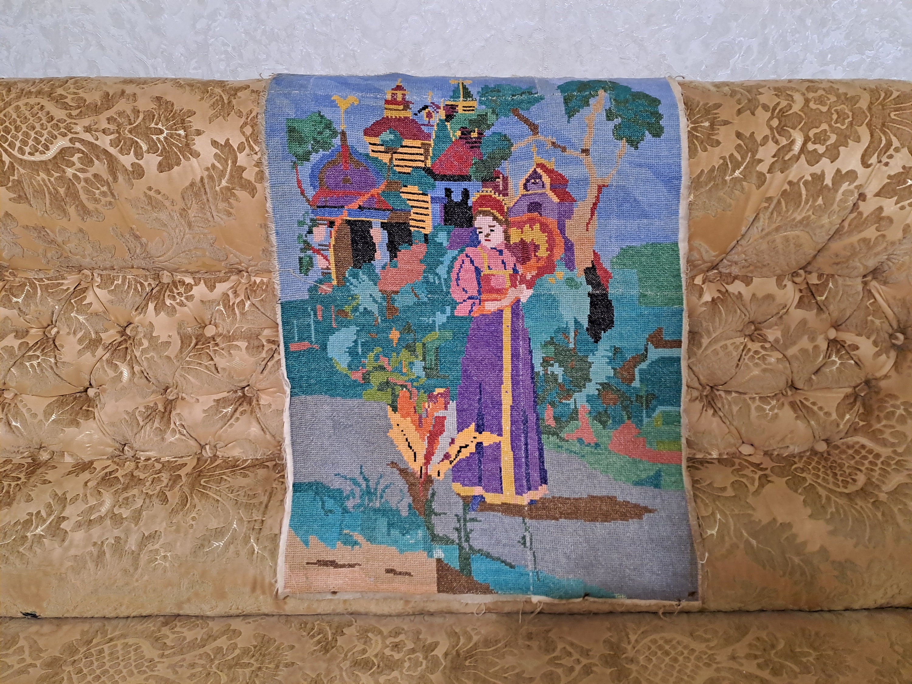ヴィンテージのハンドメイド刺繍、ハンドメイドの壁アート絵画、クロス