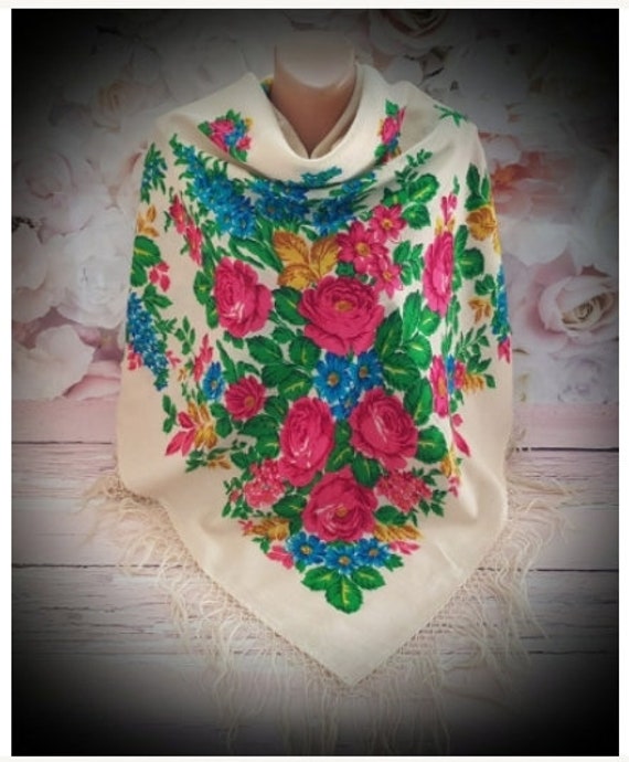 Vintage black Russian floral shawl. Hustka foular… - image 3