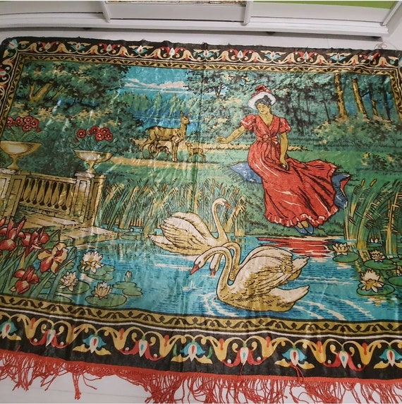 Vintage Plush Carpet Girl and Swans Soviet Velvet Tablecloth