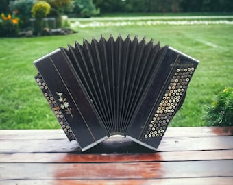 artisan button accordion,Antique wooden button accordion 1950s, Old Ukrainian vintage accordion, Handmade accordion