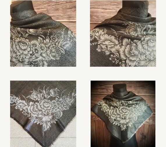 Vintage black Russian floral shawl. Hustka foular… - image 9