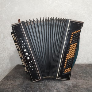 Op de afbeelding: Een zwarte accordeon met witte bloemenmotieven en een bruin en zwart blaasbalg. De accordeon heeft een reeks knoppen aan de linkerkant en een reeks toetsen aan de rechterkant.