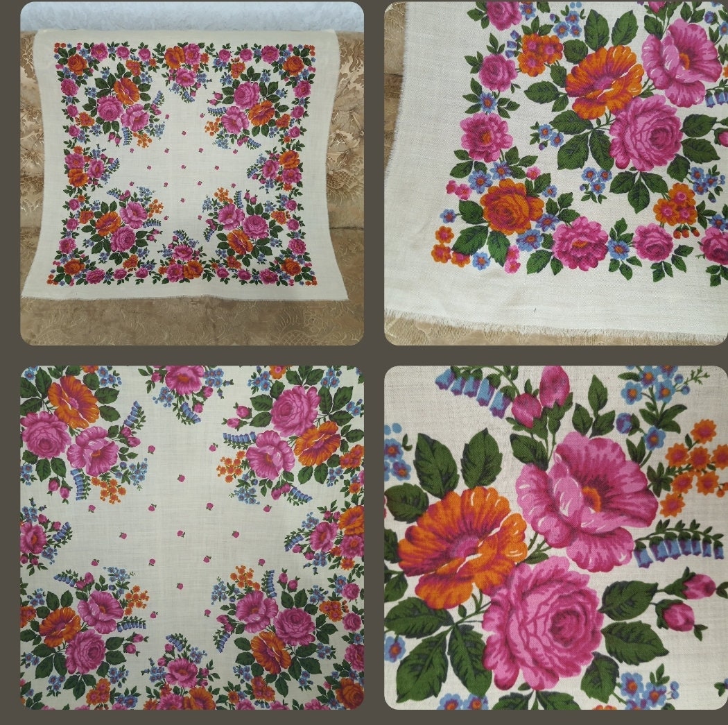 Châle / écharpe Carré Traditionnel Ukrainien Vintage (URSS) - Laine Multicolore à Motifs Floraux Avec Pompons