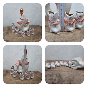 Vintage set for drinking fish for 6 persons Porcelain service Rybka Decanter and wine glasses fish USSR Table setting