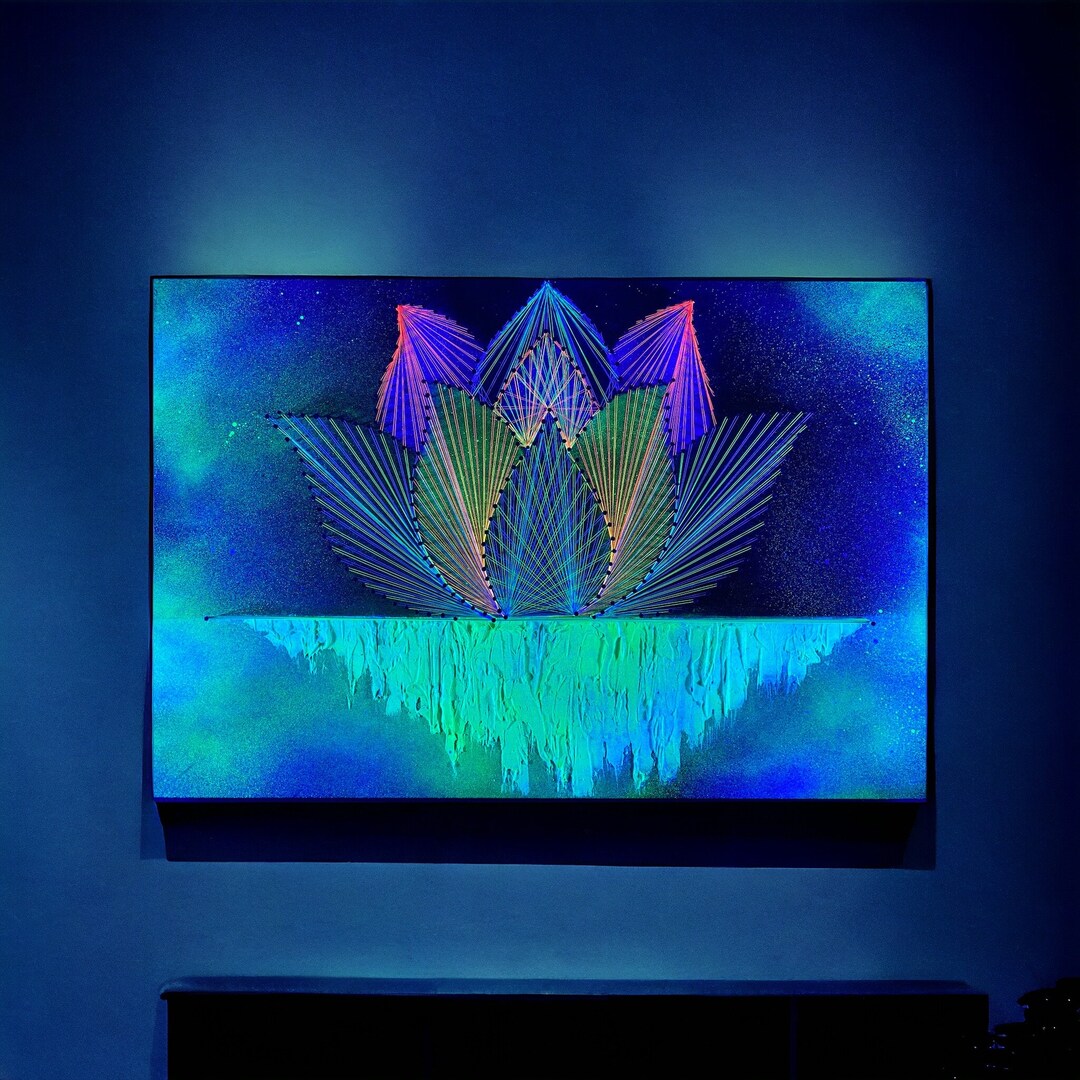 Blacklight Thread and Nail Picture Handmade and Unique Mural Water Lily