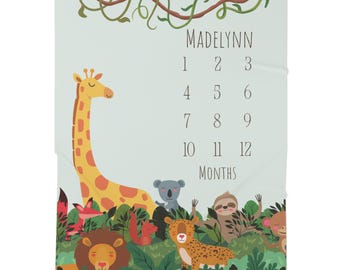 Personalisierte Dschungeltiere Baby Swaddle Decke, Meilenstein Decke