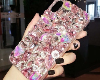 Stunning new Designer handmade clear rainbow gem stone  case cover for various mobile phones bling diamante detailing iphone samsung UK post