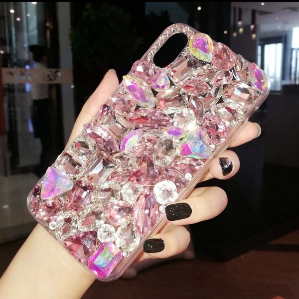 Stunning new Designer handmade clear rainbow gem stone  case cover for various mobile phones bling diamante detailing iphone samsung UK post