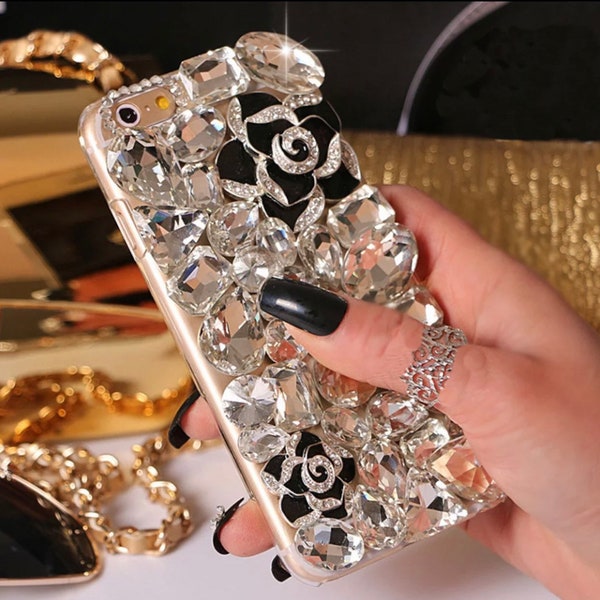 Stunning new handmade clear gem stone with black flower case cover for various mobile phones bling diamante detailing iphone samsung UK post