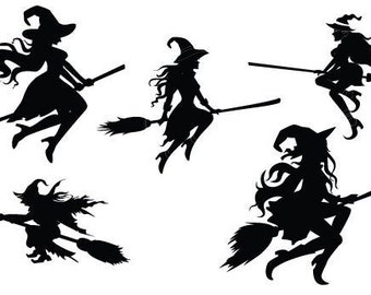 Flying Witches Silhouette Pack- 5 Pack – Vinyl Decal Stickers Set