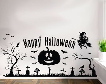 Large Happy Halloween Vinyl Window or Wall Decal Set – Matte Black (12″ Tall x 24″ Wide)