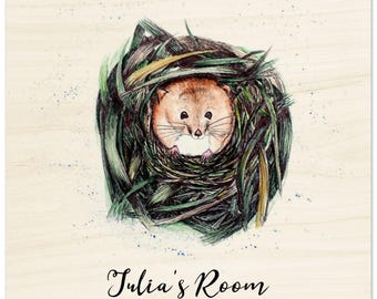 Impresión de madera personalizada de ratón de cosecha: Arte mural con nombre de habitación en acuarela